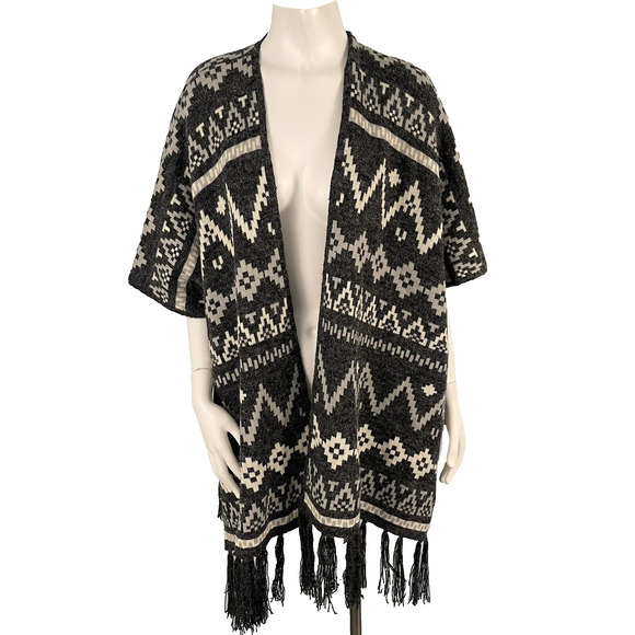 Debut Aztec Southwestern Fringe Sweater Poncho Open Front Cardigan S/M Boho - Picture 1 of 12
